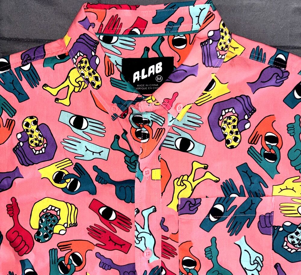 A.Lab Vibrant Pink Graphic Print Men’s Shirt Sleeve Button Down Medium